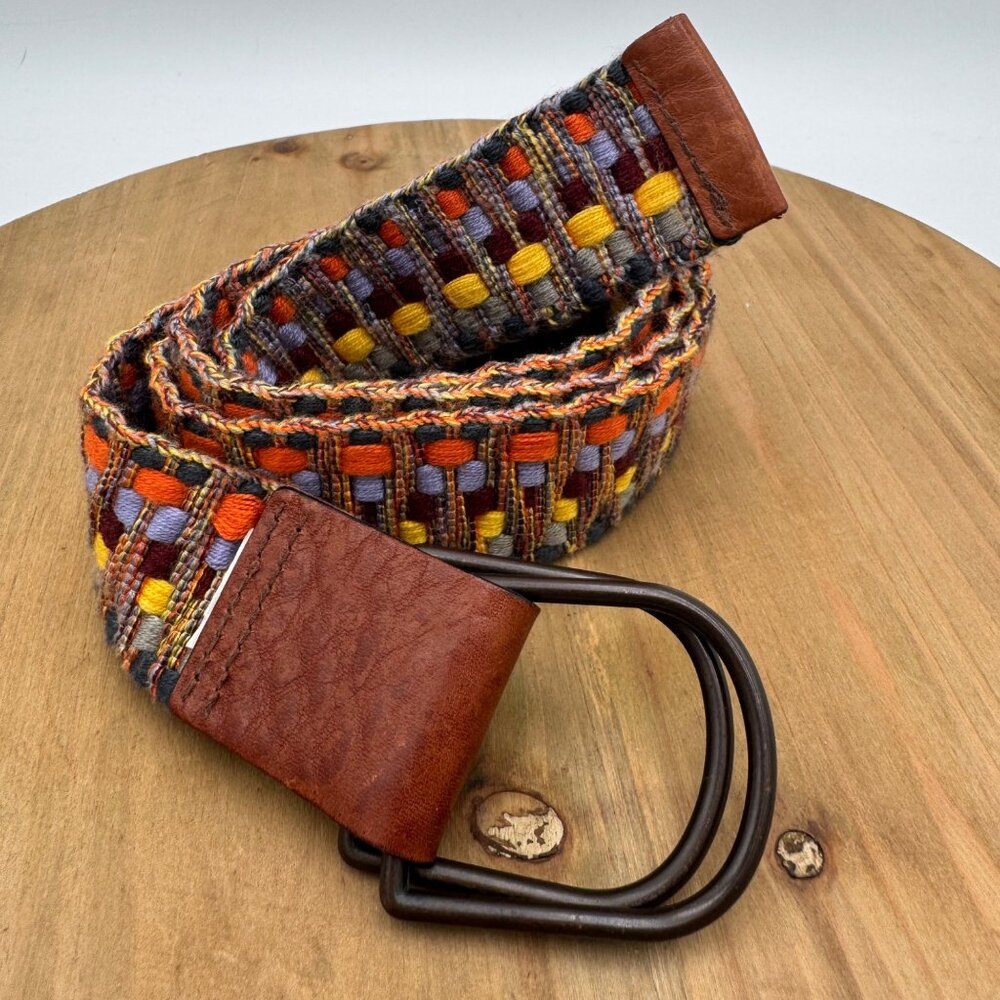 Eddie Bauer Vintage Woven Textile Multicolor Belt With Leather Ends & Double Met